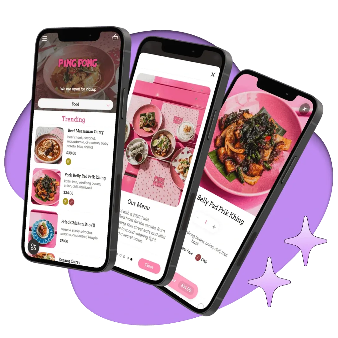 Three phones showing the Ping Pong branded ordering storefront, with a purple accent shape behind them