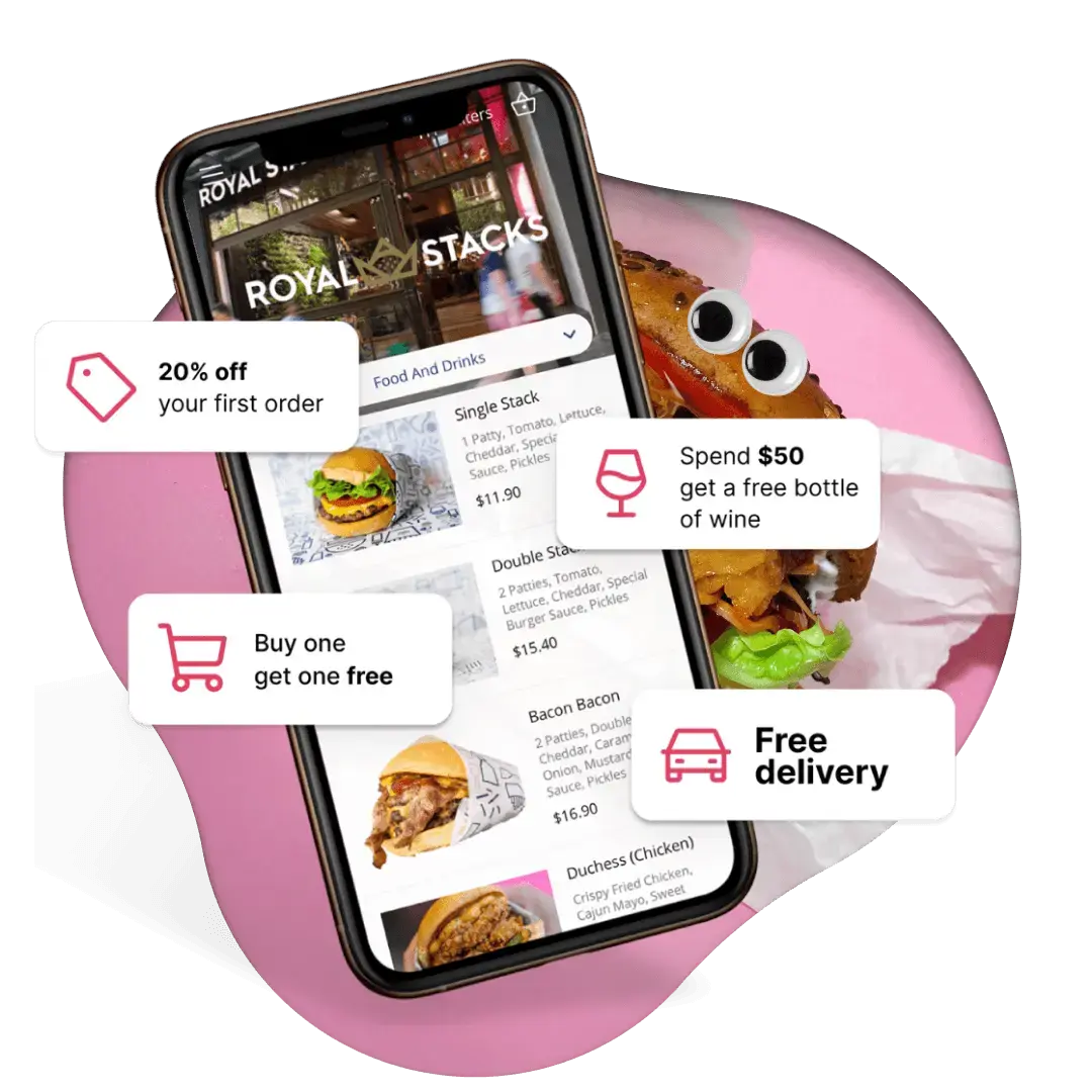 Phone showing a branded ordering app with promotional offers like 20% off, buy one get one free, and free delivery